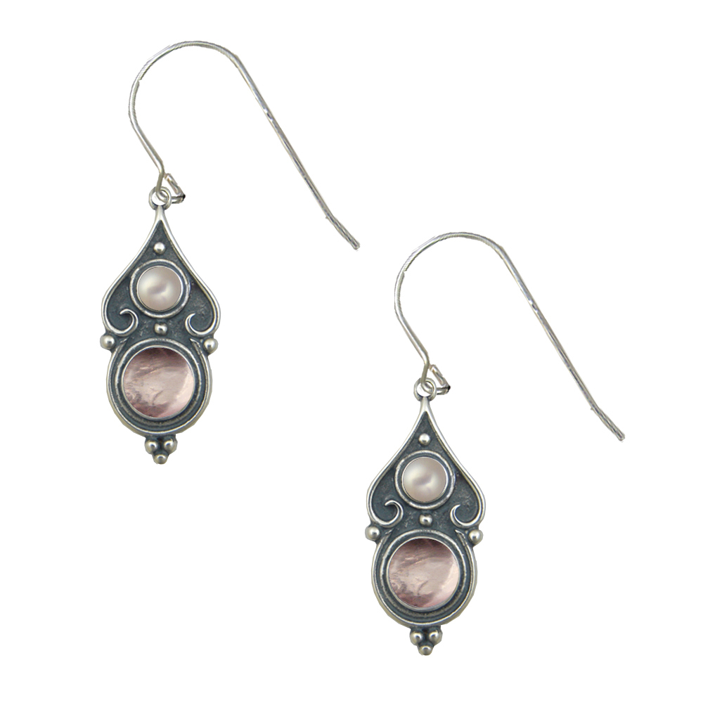 Sterling Silver Designer Post Stud Earrings With Rose Quartz And Cultured Freshwater Pearl